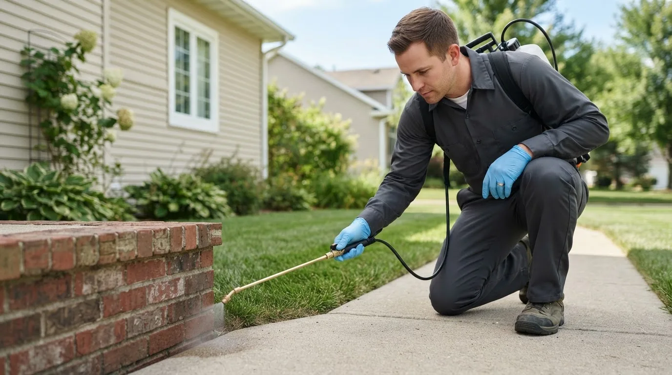 Pest control technician treating a home near New Holstein, WI